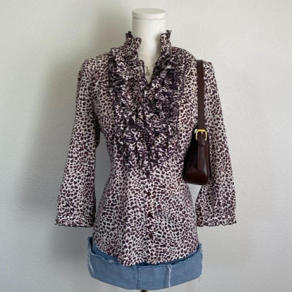 Y2K Spense Leopard Print Ruffle Blouse Button Down Coquette Office
